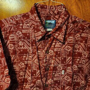 Men's Large Hawaiian Moon Red Floral Village Short Sleeve Button Down Shirt